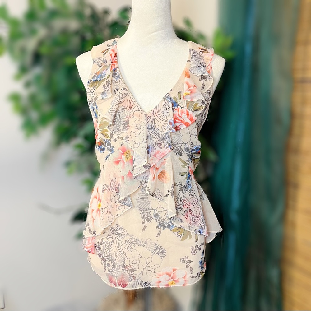Cristina Sleeveless Ruffle Blouse, Top,‎ L, Beige, Floral